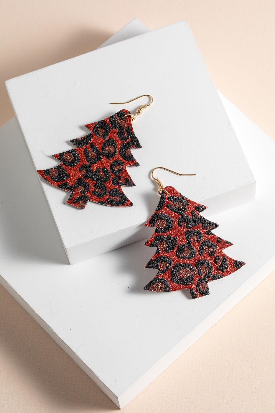 Red Animal Print Christmas Tree Earrings - Strawberry Moon Boutique