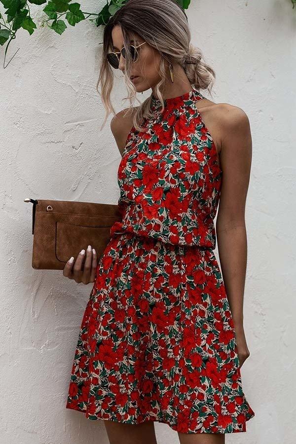 Red Halter Floral Dress - Strawberry Moon Boutique