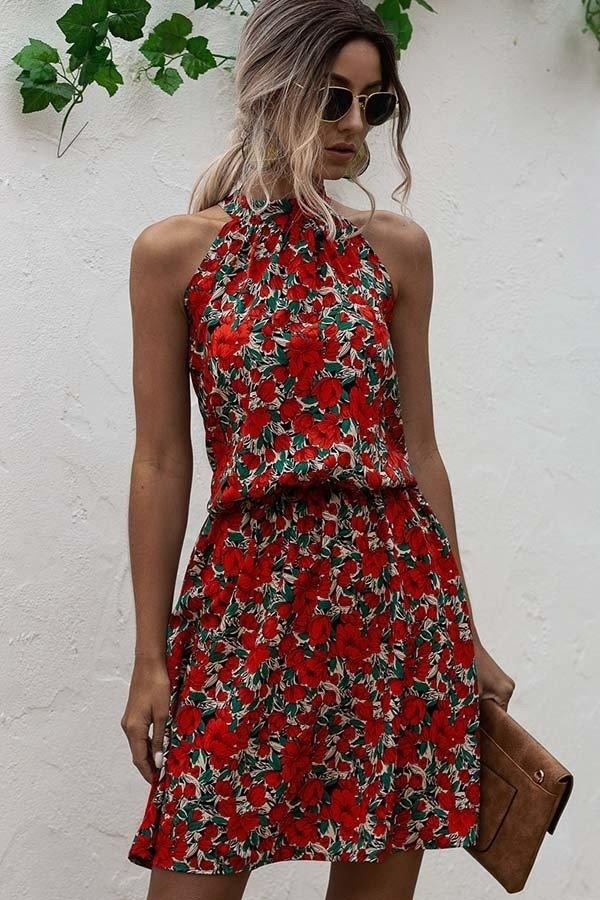 Red Halter Floral Dress - Strawberry Moon Boutique