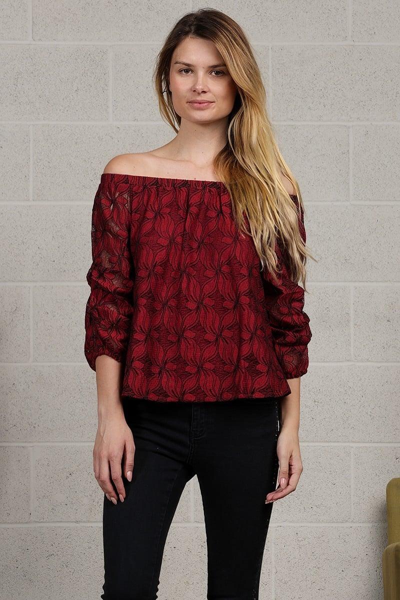 Red Off-Shoulder Floral Stitch Top - Strawberry Moon Boutique
