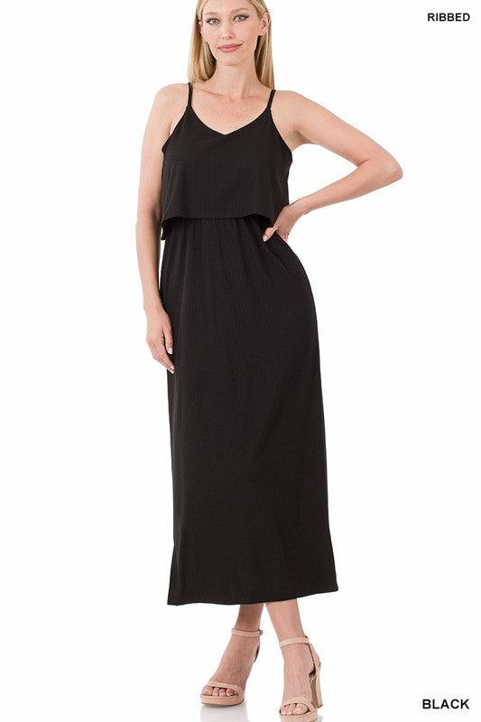 Ribbed Double-Layer Black Maxi Dress - Strawberry Moon Boutique