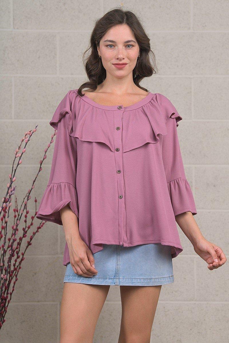 Rose Bell Sleeve Button Down Top - Strawberry Moon Boutique