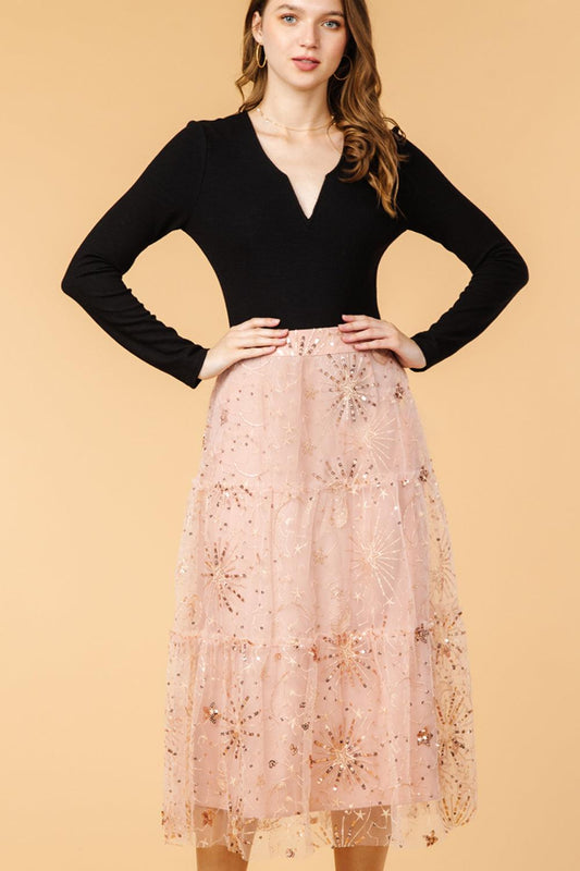 Rose Gold Sequin Tulle Midi Holiday Skirt - Strawberry Moon Boutique