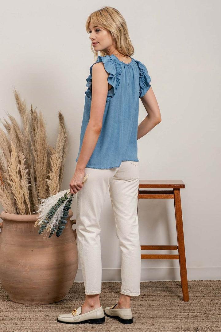 Ruffle Chambray Top - Strawberry Moon Boutique