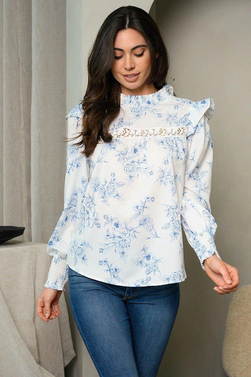 Ruffle Floral Top with Smocked Sleeve - Strawberry Moon Boutique