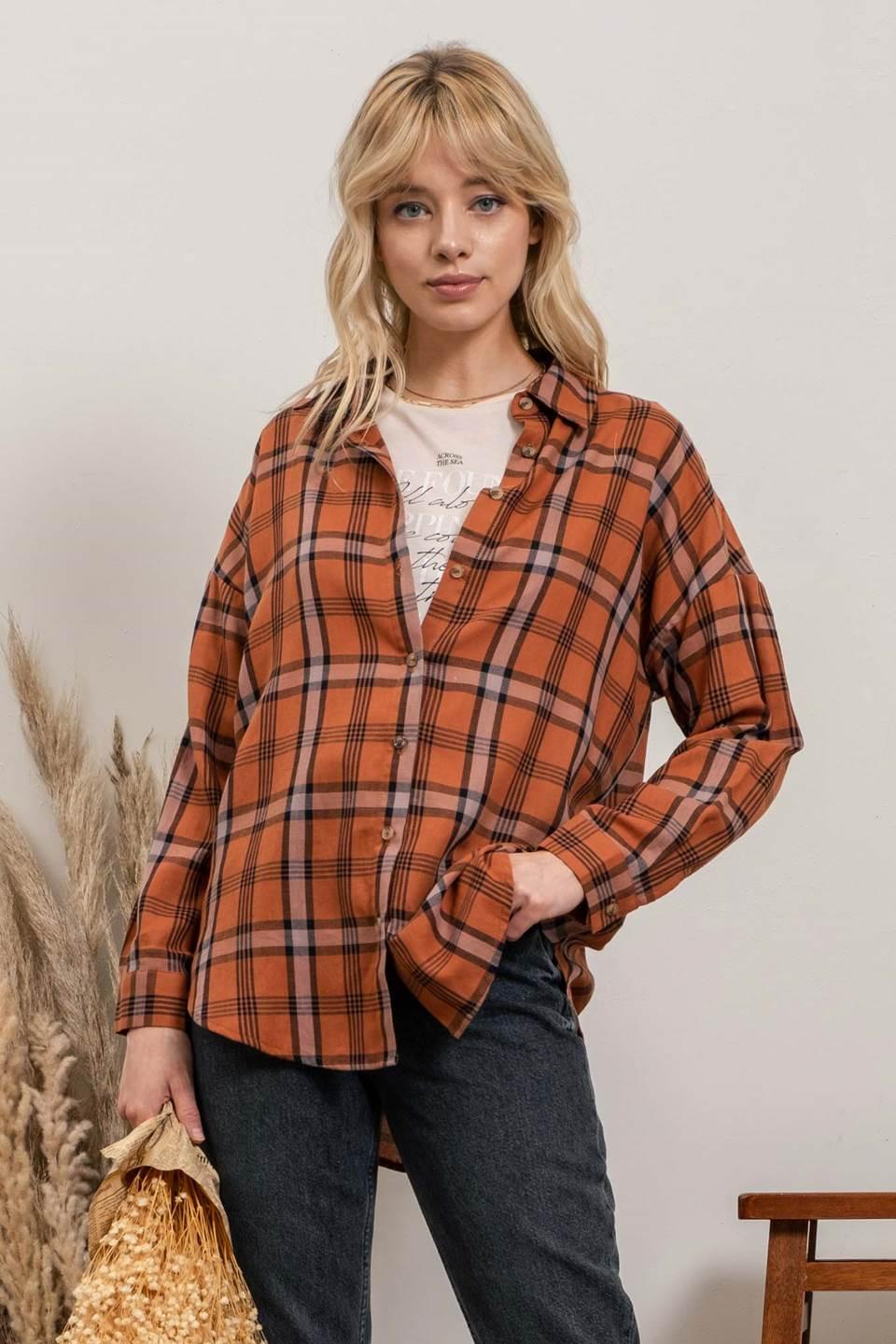 Rust Light Weight Plaid Flannel Top - Strawberry Moon Boutique