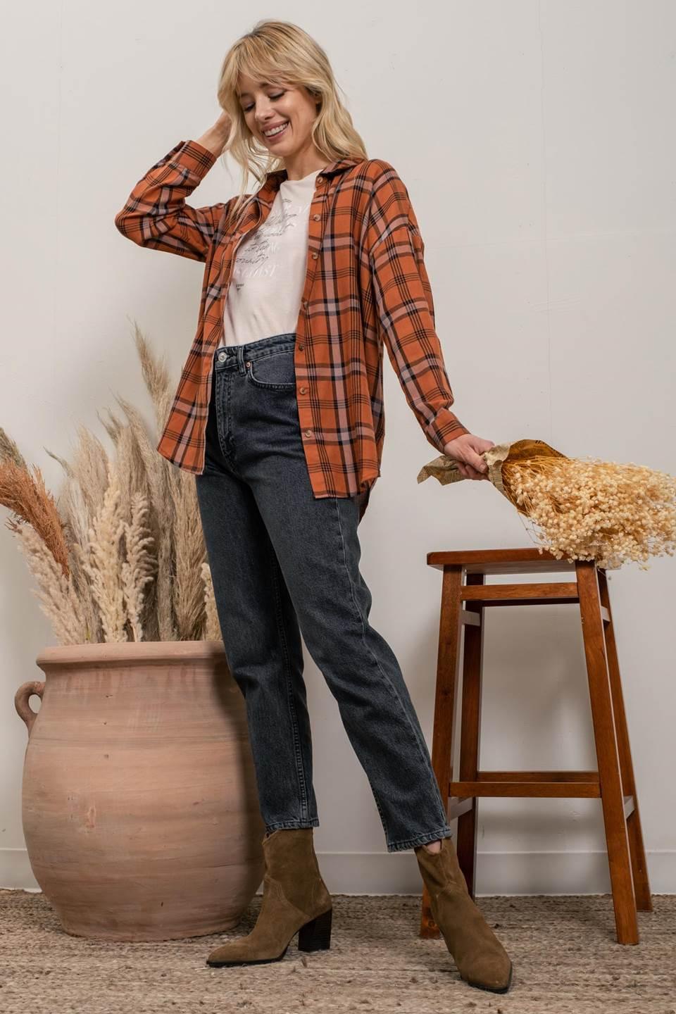 Rust Light Weight Plaid Flannel Top - Strawberry Moon Boutique