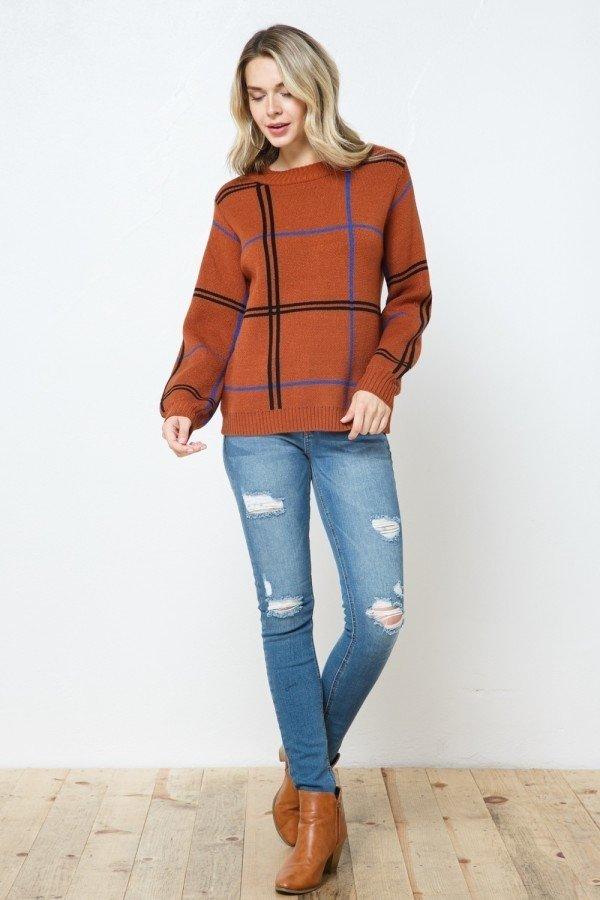 Rust Plaid Round Neck Pullover Sweater - Strawberry Moon Boutique