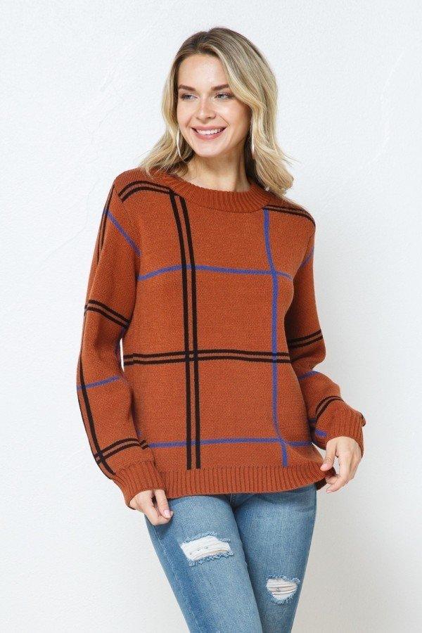 Rust Plaid Round Neck Pullover Sweater - Strawberry Moon Boutique