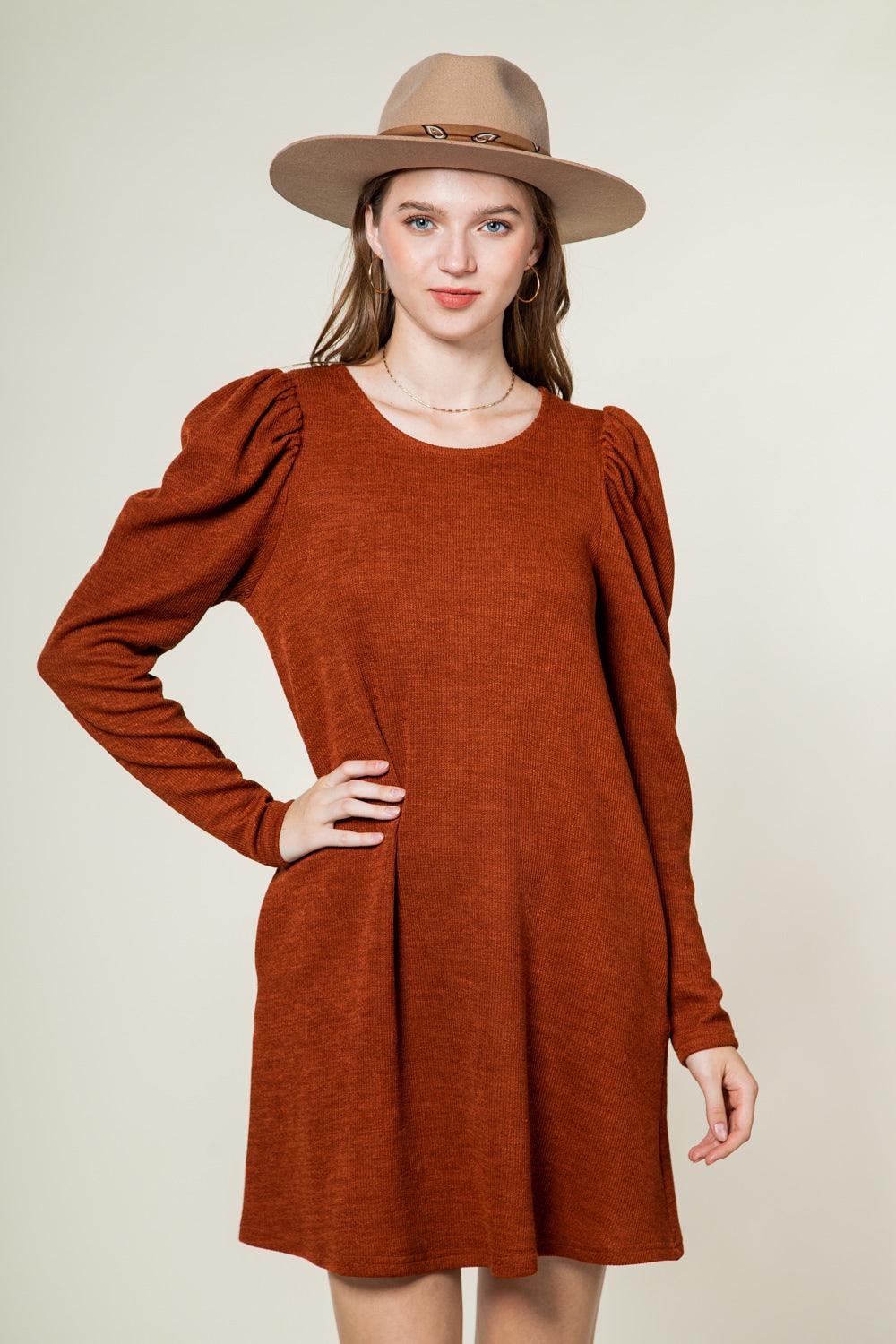 Rust Puff Sleeve Dress - Strawberry Moon Boutique