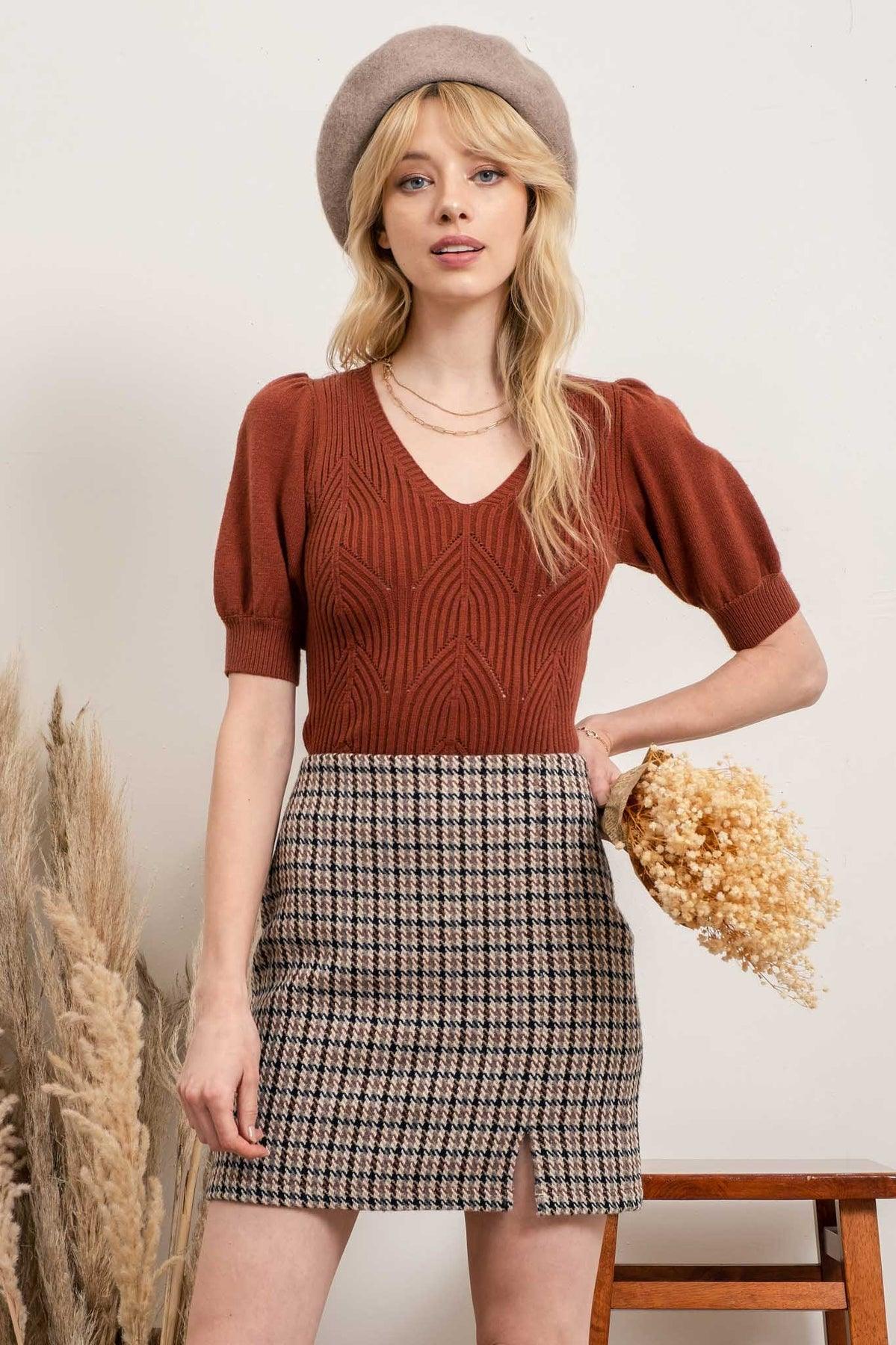 Rust Puff Sleeve Geometric Detail Sweater Top - Strawberry Moon Boutique