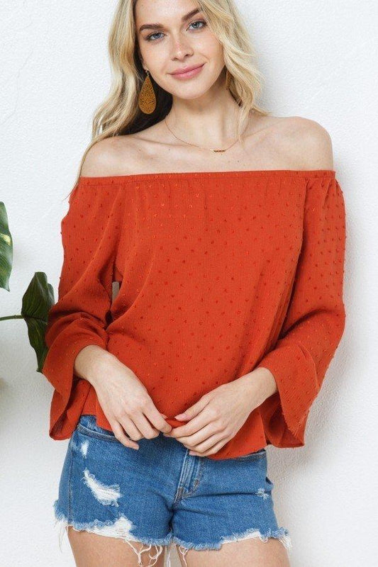 Rust Swiss Dot Off-Shoulder Top - Strawberry Moon Boutique