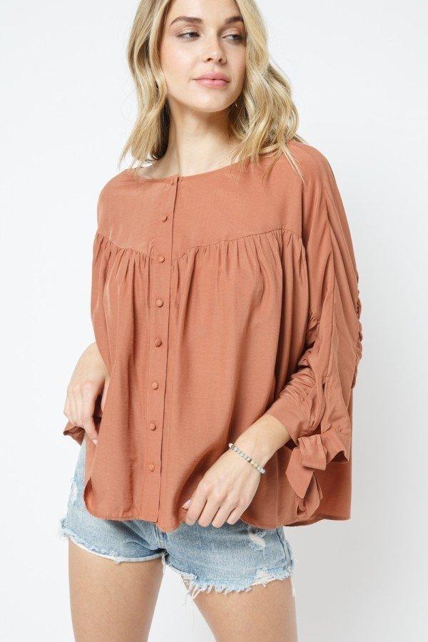 Rust Tie Sleeve Button Top - Strawberry Moon Boutique