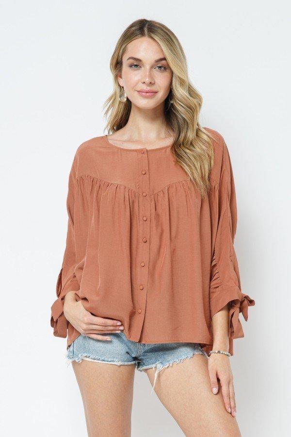 Rust Tie Sleeve Button Top - Strawberry Moon Boutique