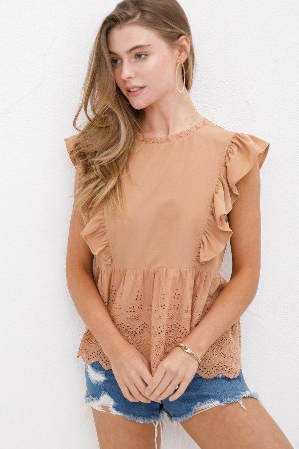 Sand Cap Sleeve Ruffled Eyelet Top - Strawberry Moon Boutique