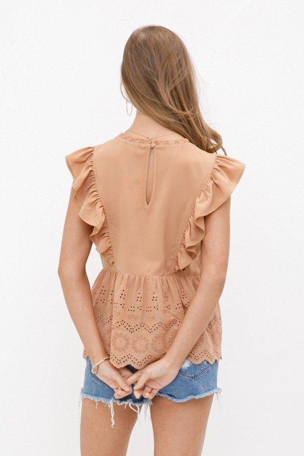 Sand Cap Sleeve Ruffled Eyelet Top - Strawberry Moon Boutique