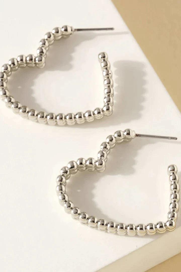 Silver Beaded Heart Shape Hoop Earrings - Strawberry Moon Boutique