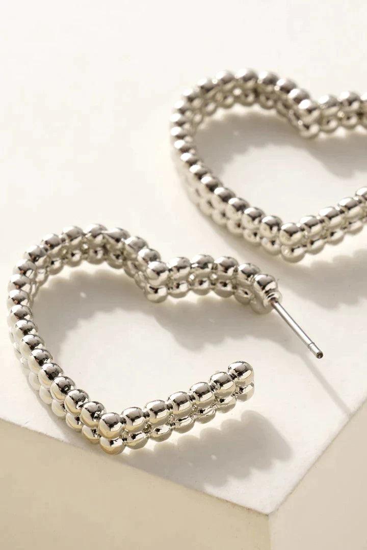 Silver Beaded Heart Shape Hoop Earrings - Strawberry Moon Boutique