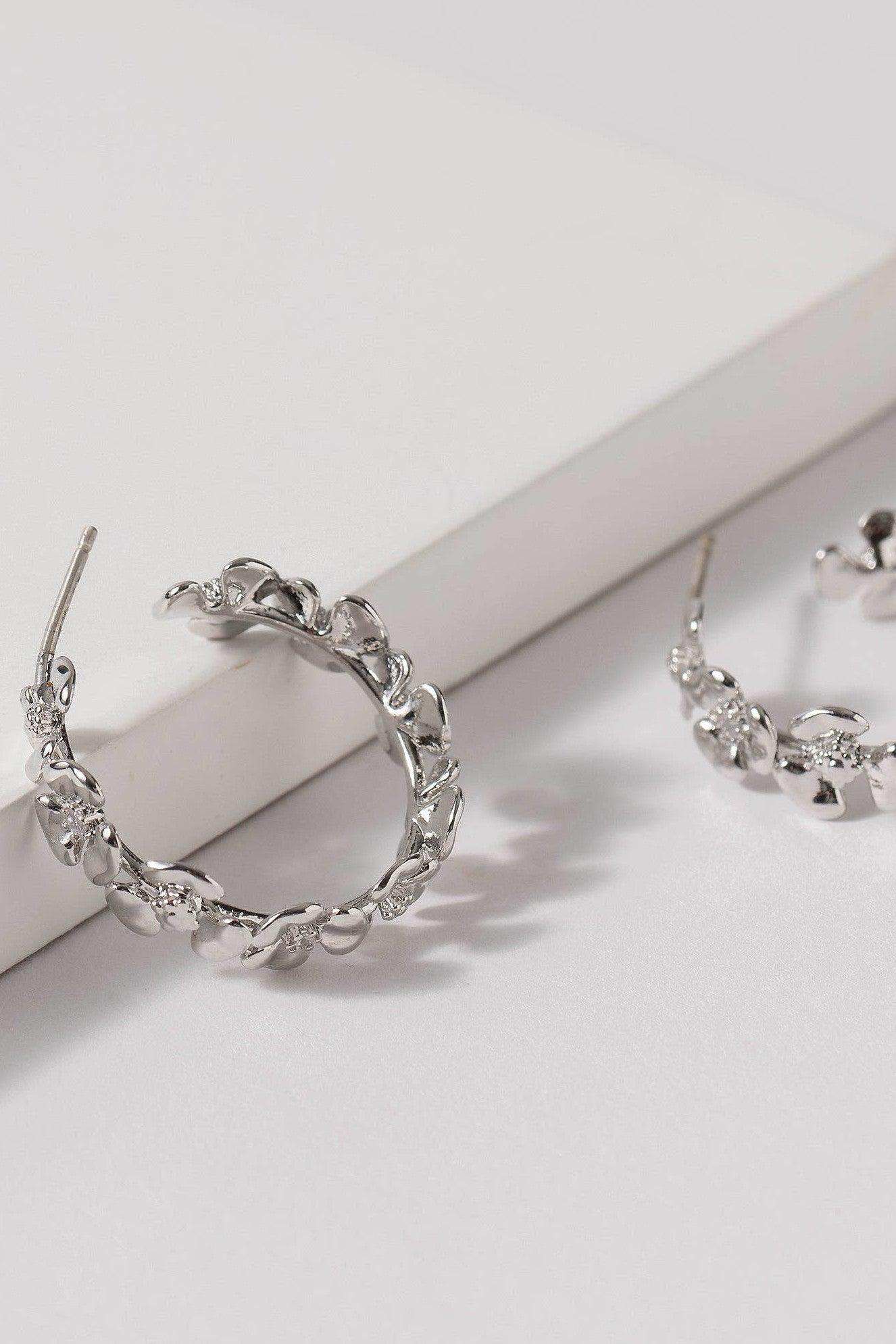Silver Floral Hoop Earrings - Strawberry Moon Boutique