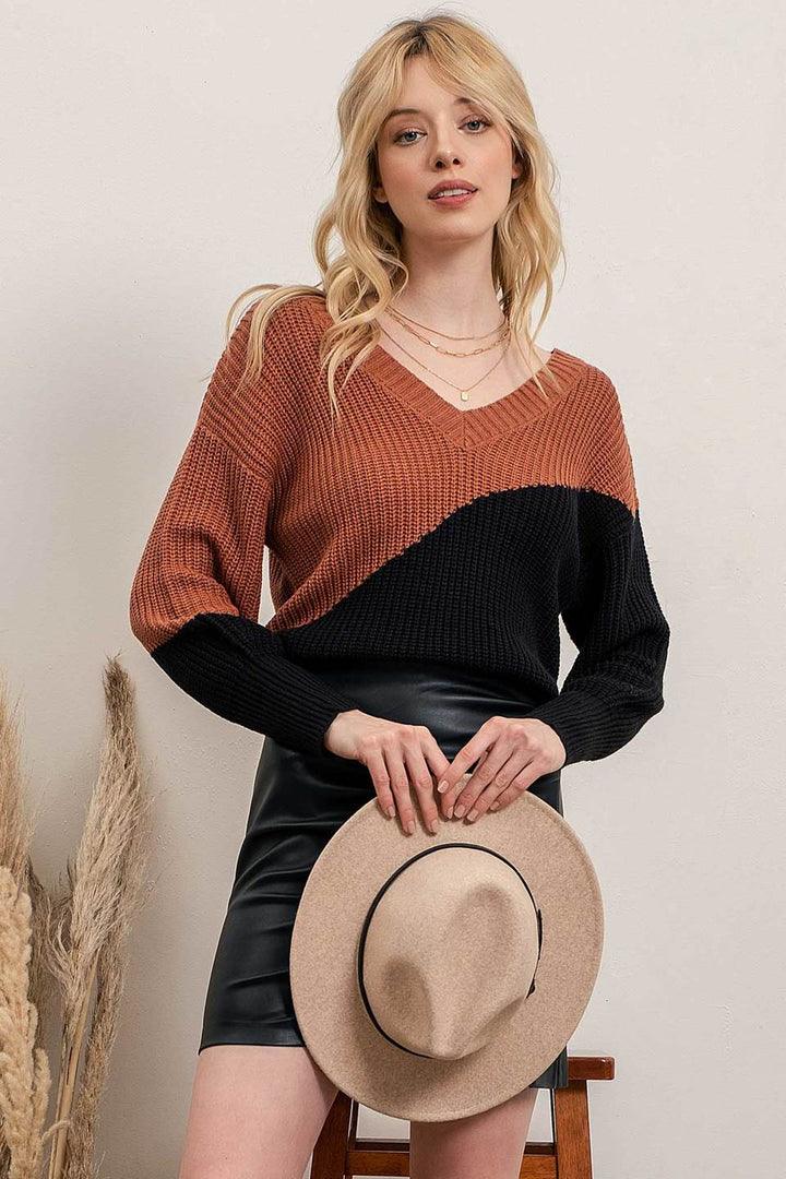 Spice Asymmetrical Color Block Knit Sweater - Strawberry Moon Boutique