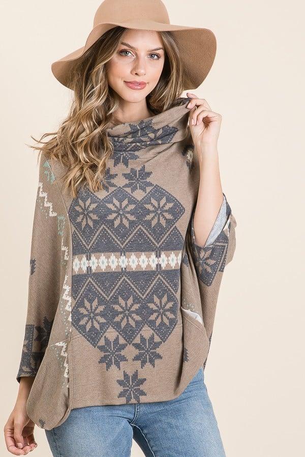Taupe Aztec Printed Cowl Neck Poncho - Strawberry Moon Boutique