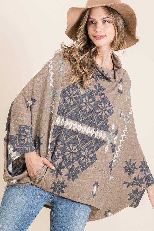 Taupe Aztec Printed Cowl Neck Poncho - Strawberry Moon Boutique