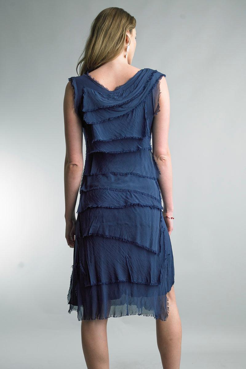 Tempo Paris Navy Silk Tattered Tier Dress - Strawberry Moon Boutique