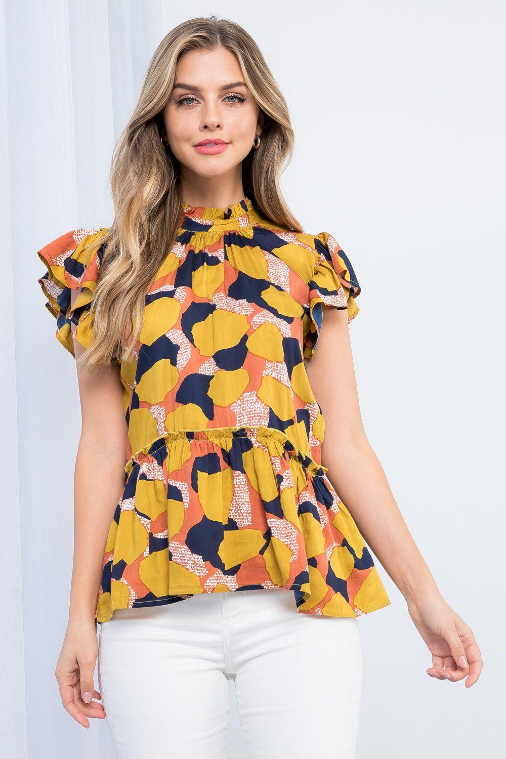 THML Fall Colors Printed Ruffle Top - Strawberry Moon Boutique