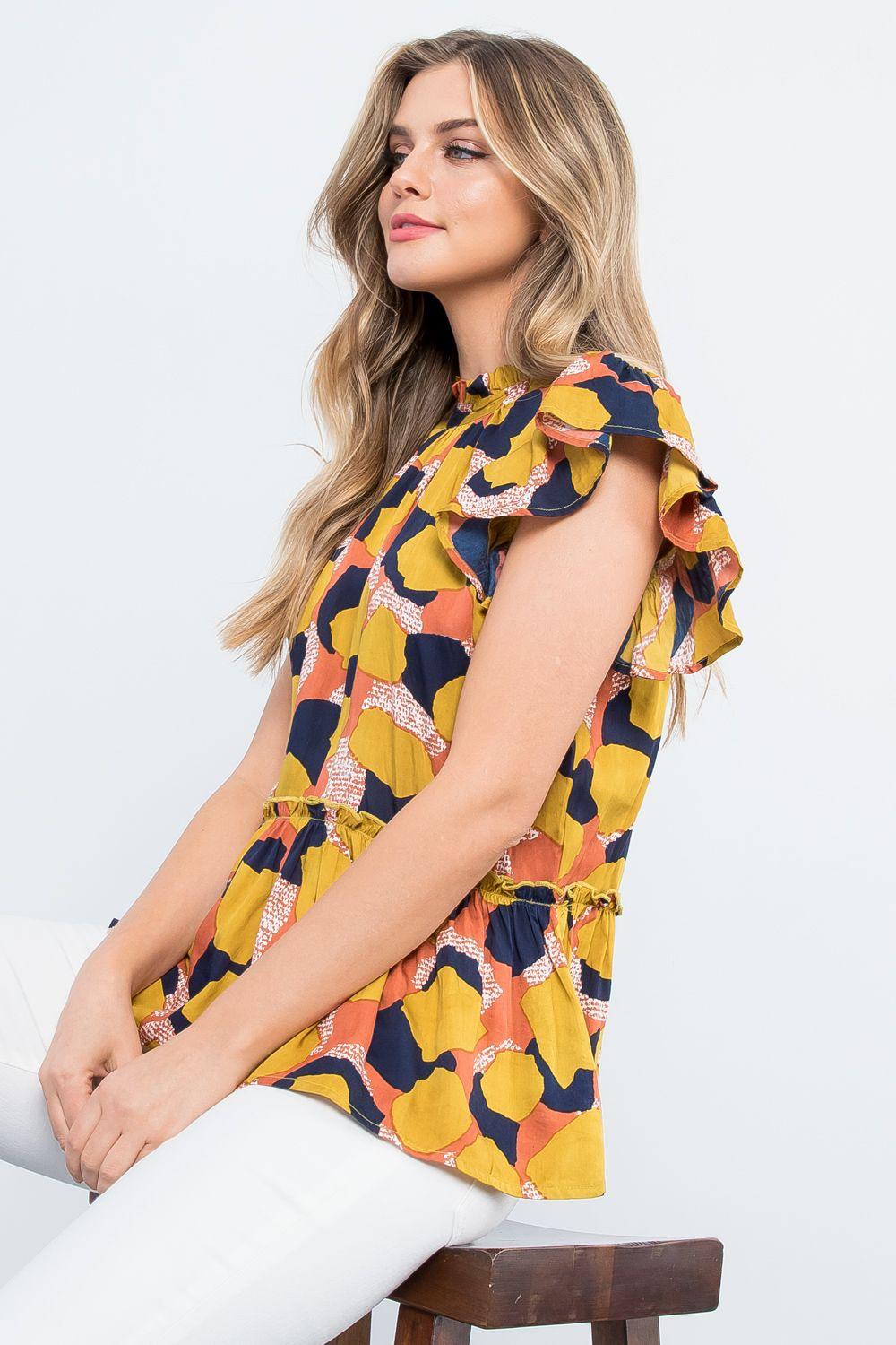 THML Fall Colors Printed Ruffle Top - Strawberry Moon Boutique