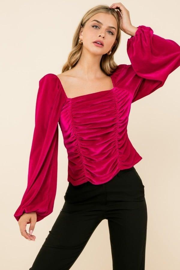 THML Magenta Velvet Ruched Top - Strawberry Moon Boutique