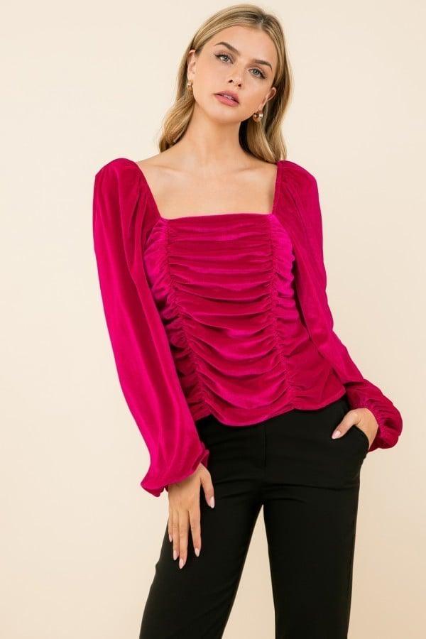 THML Magenta Velvet Ruched Top - Strawberry Moon Boutique