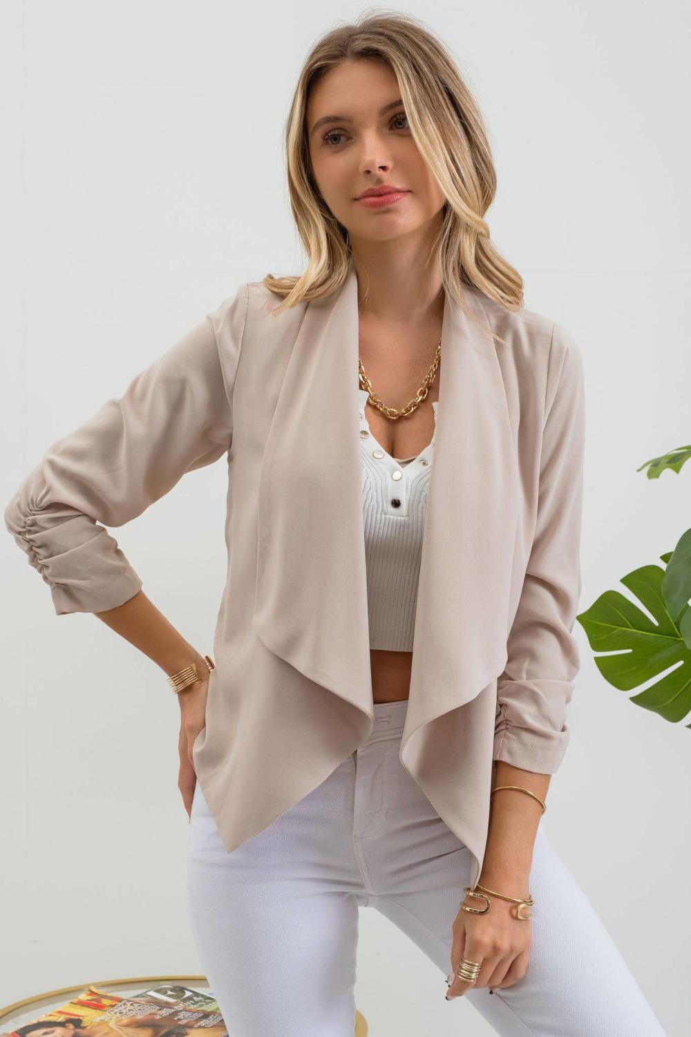 Via Rouched Sleeve Blazer - Strawberry Moon Boutique