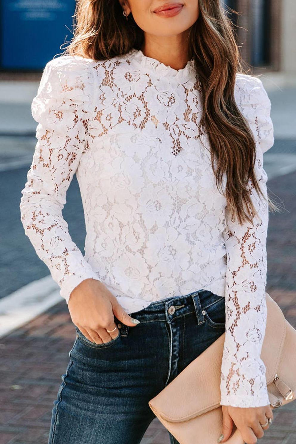 White Lace Puff Sleeve Top - Strawberry Moon Boutique