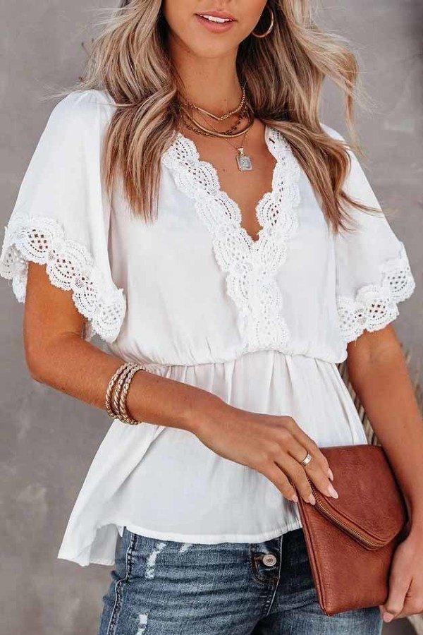White Lace V-Neck Top - Strawberry Moon Boutique