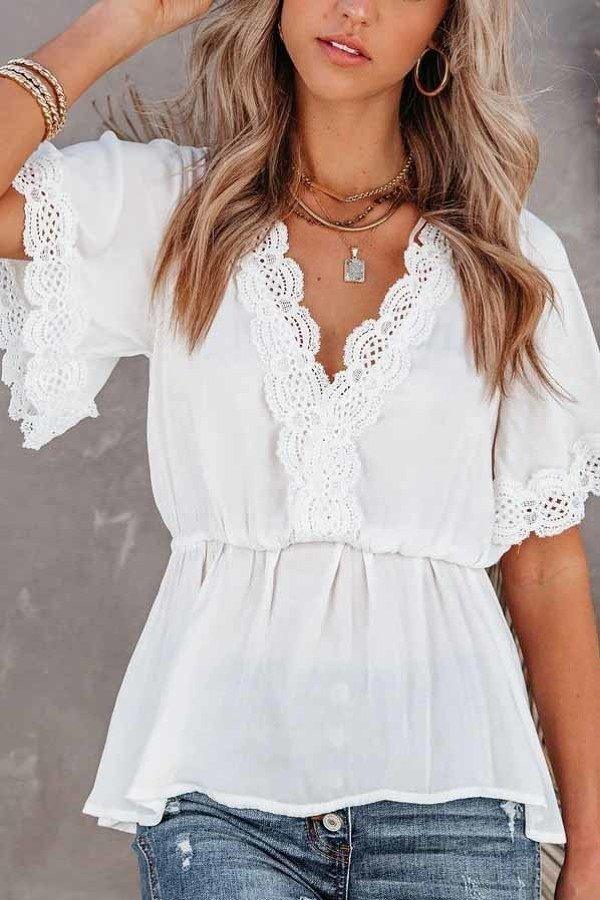 White Lace V-Neck Top - Strawberry Moon Boutique