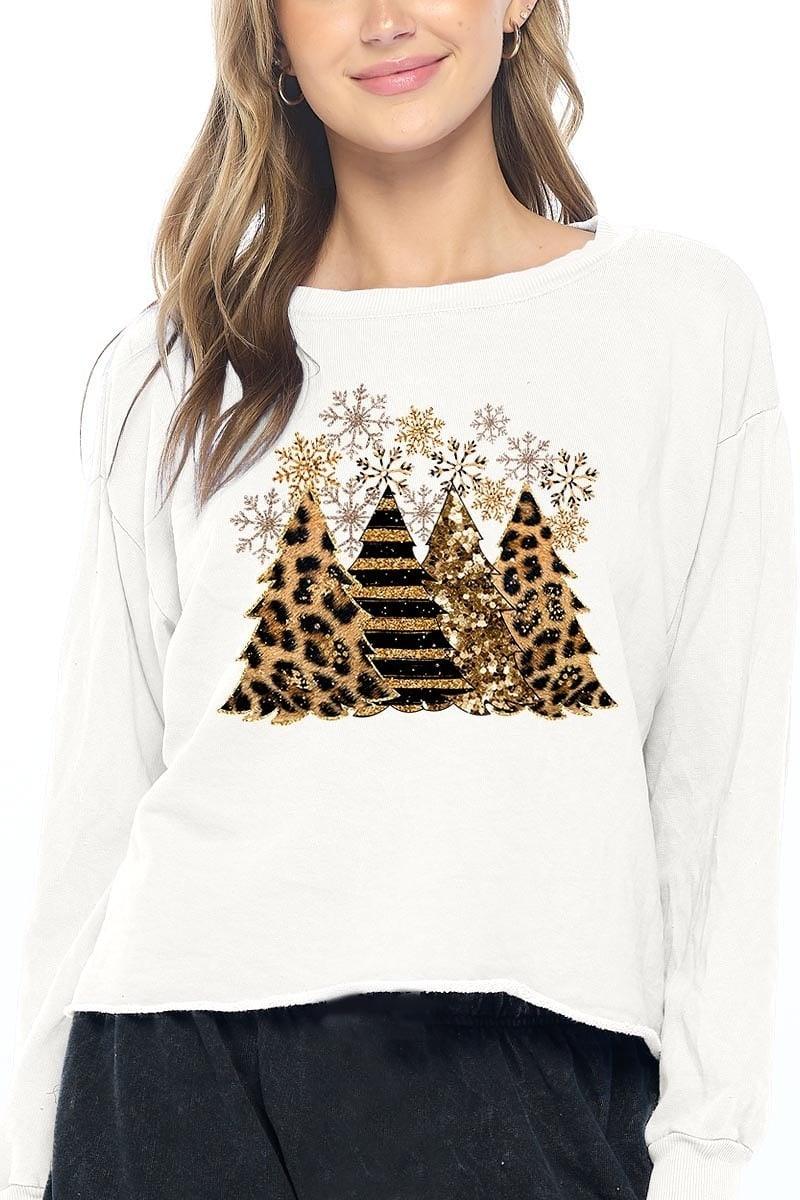 White Leopard Christmas Tree Short Sweatshirt Top - Strawberry Moon Boutique