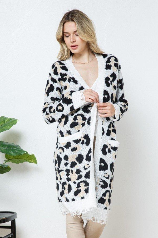 White Leopard Print Cardigan with Distressed Hem Detail - Strawberry Moon Boutique