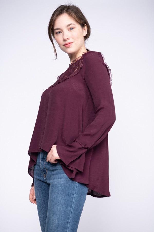 Wine Lace Contrast Bell Sleeve Top - Strawberry Moon Boutique