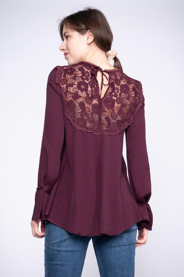 Wine Lace Contrast Bell Sleeve Top - Strawberry Moon Boutique
