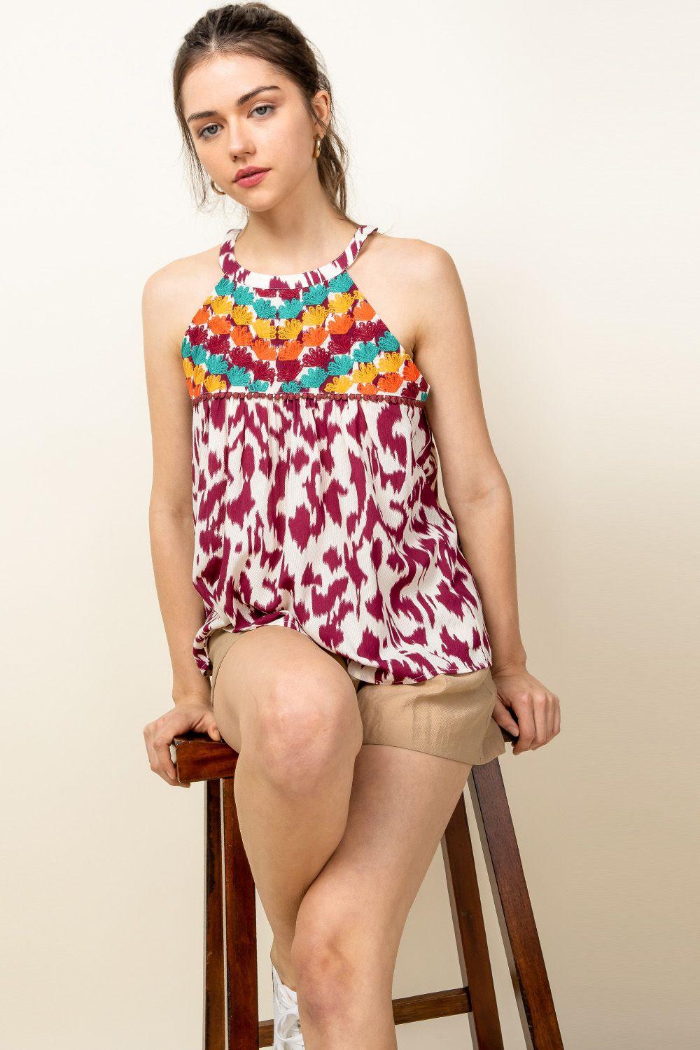 Wine THML Embroidered Halter Tank Top - Strawberry Moon Boutique