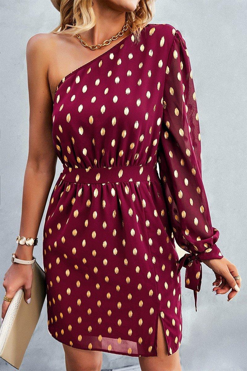 Wine/Gold Polka Dot One Shoulder Dress - Strawberry Moon Boutique