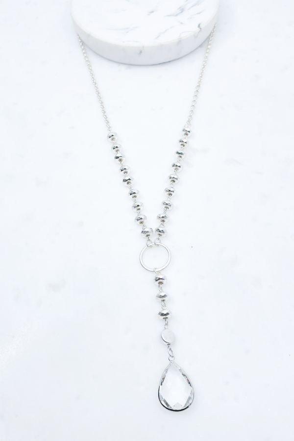 Worn Silver Faceted Teardrop Stone Pendant Necklace - Strawberry Moon Boutique